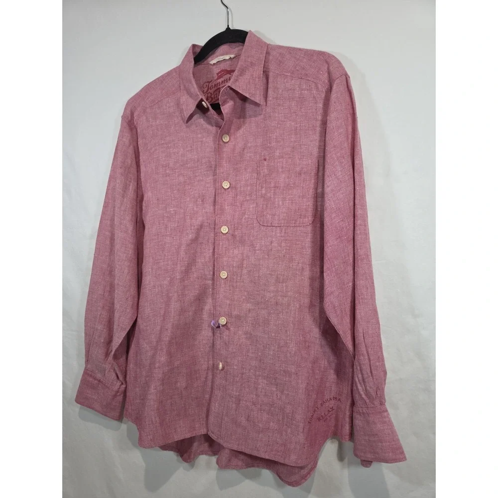 Tommy Bahama 100% Linen Mens Medium Button Up Long Sleeve Red Beach Island Relax